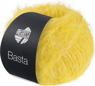 A ball of yellow yarn with a black label.