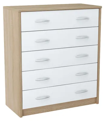Produktbild von Kommode mit 5 Schubladen mit matter Oberfläche, Kommode 74cm breit Holz Schrank Kommode mit Schubladen Sideboard Highboard Anrichte Sonoma-Weiß