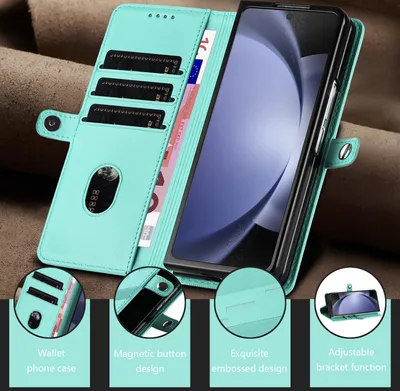 Produktbild von Hülle für Samsung Galaxy Z Fold 5, Kunstleder Brieftaschen Handyhülle mit Kartenfach und Standfunktion Türkis