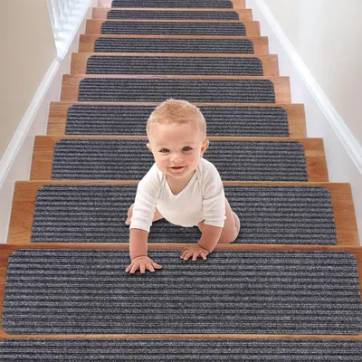 Imagen del producto de 15 alfombras antideslizantes para escaleras, alfombras adhesivas para escaleras de 76x20 cm, para uso interior, alfombras para escaleras para niños, personas mayores y mascotas (con diseño de rayas)