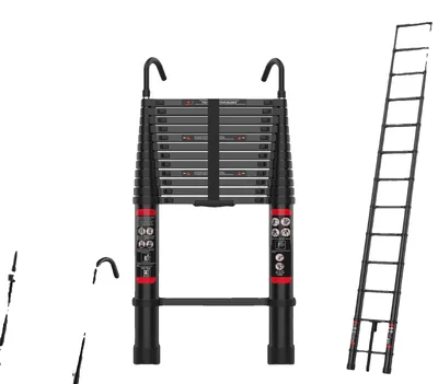 Obrázek produktu pro Teleskopická žebřík, nastavitelná výška, nosnost 150 kg, délka 3,8 m (12,5 stop) + 2 odnímatelné háky