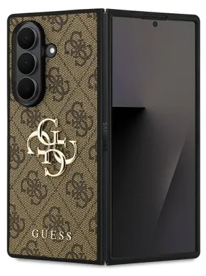 A folded smartphone case with a Guess logo and pattern is shown against a white background. The phone itself is partially visible on the right side.