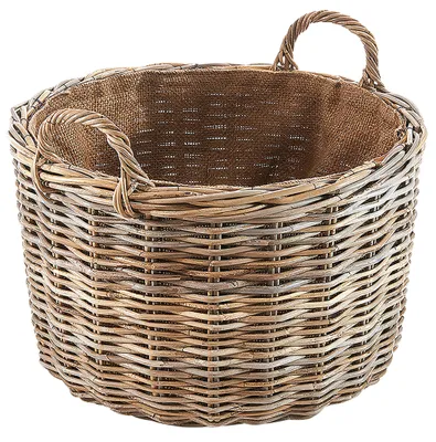 Produktbild von Kobolo ratanový kôš na drevo - okrúhly - ratan cubu sivý - 34x50 cm - úložný kôš organizačný kôš kôš na nábytok prenášanie koša rukoväť rukoväť