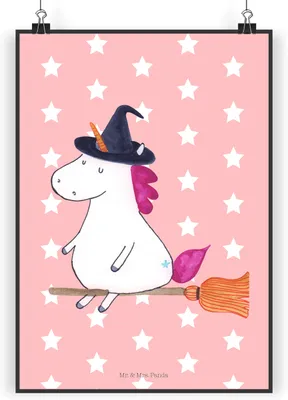 Produktbild von Mr. & Mrs. Panda Bild Einhorn Hexe DIN A5 - Rot Pastell - Geschenk, Teufel, wanddruck, Plakat, wanddeko, Unicorn, Frau, Wandbild, Engel, drucke