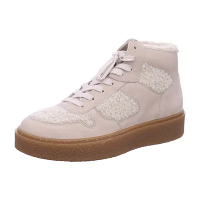 A single beige high-top sneaker with a brown sole is shown against a white background.