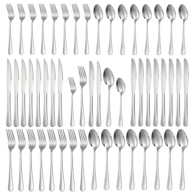 Besteckset 48-teilig für 8 Personen, Edelstahl, Silber, mit Steakmessern