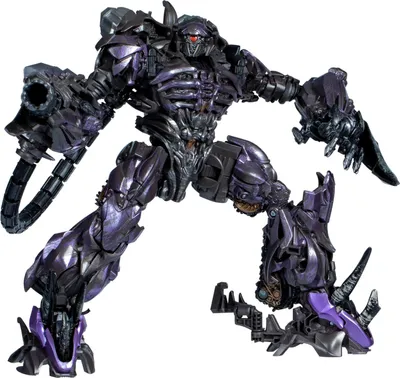 A black and purple robot action figure is posed against a white background.