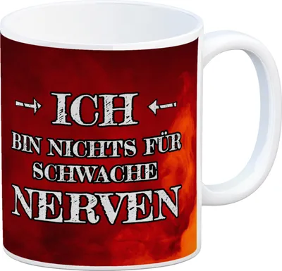 Produktbild von Ich bin nichts für schwache Nerven Kaffeebecher mit Flammenhintergrund