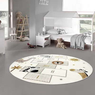Image de Tapis pour enfants avec jeu de saut & animaux Doux, facile d'entretien & résistant à l'usure en crème Taille - 120 cm Rond