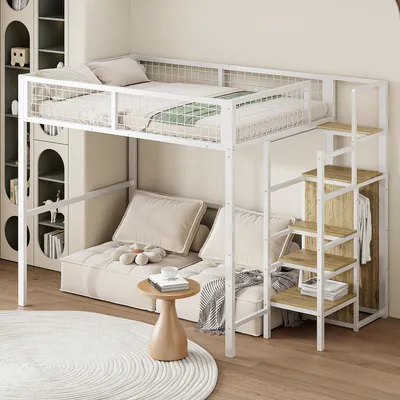 Obrázek produktu pro MODFU patrová postel dětská postel 140x200cm s železným rámem, podkrovní postel s ochranou proti vypadnutí a žebříkem, kovová patrová postel s roštovým rámem a úložnou policí, rám postele pro mládež, bílá barva
