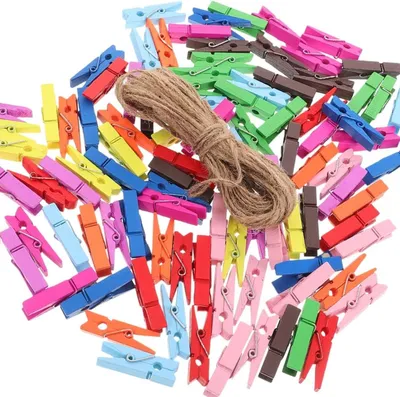 Imagen del producto de Mini grapas de madera de colores, 3,5 cm, 100 unidades, con 10 metros de cuerda de yute, para proyectos de manualidades y decoración