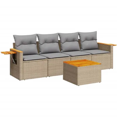 Produktbild von vidaXL 5-tlg. Garten-Sofagarnitur mit Kissen Beige Poly Rattan