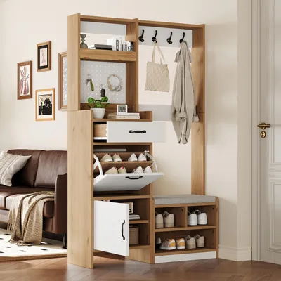 Image de Ensemble vestiaire Merax, vestiaire mural avec banc à chaussures, armoire à chaussures, 4 patères, 1 tiroir, 2 portes, meuble d'entrée, portemanteau, naturel + blanc
