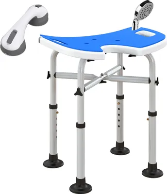 Produktbild von Duschhocker - Duschstuhl für Senioren - Rutschfest - Haltegriff mit Saugnapf - Höhenverstellbar - U-förmiger Sitz - Tragkraft 150 kg - Blau