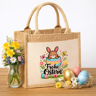 Produktbild von Osterkorb Geschenktasche für Ostern Jutetasche handveredelt bedruckte Ostertasche I Geschenktasche handveredelt eigene Herstellung Ostermotiv