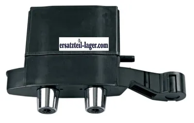 A black coffee machine part with two silver spouts.