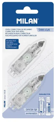 Imagen del producto de Paquete de blíster de Milán con 2 recambios cilíndricos y expandibles de cinta correctora, de 5x6 metros, transparentes. Para niños, transparentes, talla única