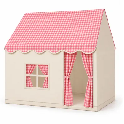 Produktbild von Kinder Spielhaus Rot Beige 130 x 125 x 95 cm mit Vorhängen, Fenstern und kariertem Dach