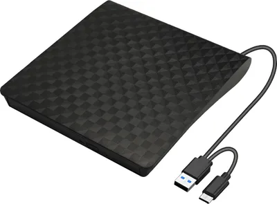 A black external Blu-ray burner with a textured top and USB cables attached.
