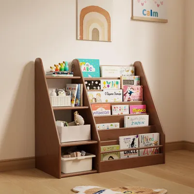 Kinderbücherregal aus Massivholz, 7 Ebenen, Walnuss