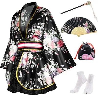 Produktbild von Unyqoos® Kurzes japanisches Kimono-Set für Damen, 5-teilig – schwarz, Polyester, Einheitsgröße (L 80 cm, Schulter 88 cm) mit Fächer, Haarstab, Tasche & Tabi-Socken