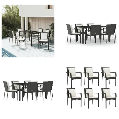 Produktbild von vidaXL 7 tlg. Garten Essgruppe mit Kissen Schwarz Poly Rattan - Garten Essgruppe - Garten Essgruppen - Essgruppe - Essgruppe Terrasse