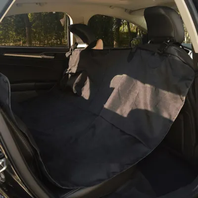 The image shows the interior of a car's back seat, covered by a black pet seat cover.