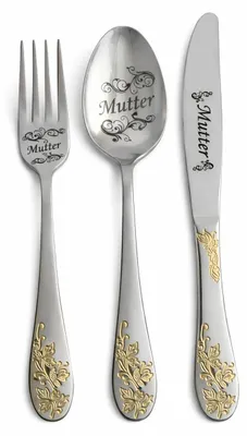 Produktbild von Besteckset „Mutter“ – 3-teiliges Geschenkset aus Edelstahl mit Golddekor