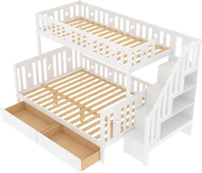 Image de Lit superposé familial 90/140 x 200 cm avec étagère en escalier et tiroirs, lit d'enfant en bois massif avec motif étoiles et lune, lit mezzanine avec espace de rangement, blanc