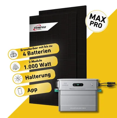 Produktbild von Balkonstrom Balkonkraftwerk 1000W mit Speicher | Biberschwanzdachhalterung | 2x Solarmodul Bifazial | Zendure SolarFlow 800 Pro 2 | Kabel 20m