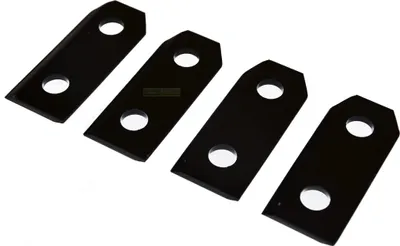 Four black metal blades with two holes each, arranged diagonally on a white background.