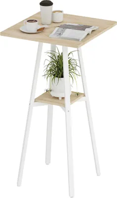 Image de Table de bar - Table de cuisine haute - Table carrée - Avec plateau - Pieds en métal - Pour 2 personnes - Dimensions 55×55×95 cm - Bois naturel et blanc