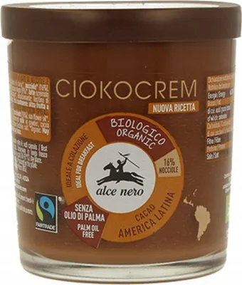 Produktbild von Alce Nero Ciokocrem - Haselnuss-Brotaufstrich aus biologischem Anbau 180 g, 180 g, Braun, Rohrzucker*, Sonnenblumenöl*, Haselnusspaste* (15%), Kakaopulver* (9)%, Magermilchpulver*,..., 507 kcal, 2119 kJ, 5,2 g