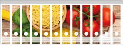 Produktbild von Wallario Ordnerrücken Sticker, selbstklebend für breite Ordner, 12 Stück, Motiv Spaghetti mit Tomaten, Knoblauch und Basilikum