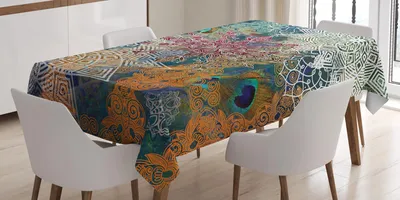 Produktbild von ABAKUHAUS Ethnisch Tischdecke, Vintage Style Asian Oriental Komposition mit Mandala Blumen und Pfauenfedern, 140 x 170 cm, Mehrfarbig
