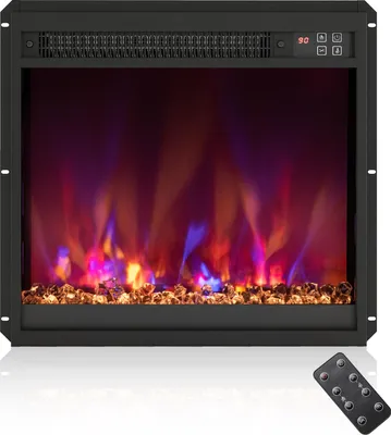 An electric fireplace insert with a remote control.