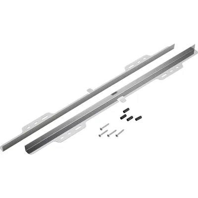 Two metallic mounting rails and some screws are shown on a white background.