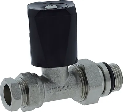 A close-up studio shot of a radiator valve with a black knob.