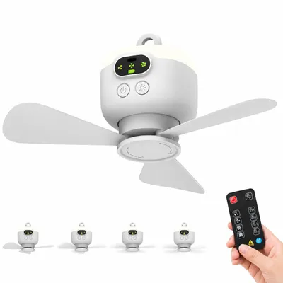 Obrázok produktu pre Ø27 cm Prenosný stropný ventilátor s batériou a osvetlením, 8000 mAh, USB-C, 4 rýchlosti a časovač; prenosný ventilátor do stanu na kempovanie, karavany, outdoor a obytné vozidlá
