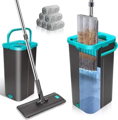 Produktbild von Famanu Mopset mit Eimer, 140 cm, 6 Mikrofasermop-Pads, Edelstahlgriff, Wringfunktion, grau