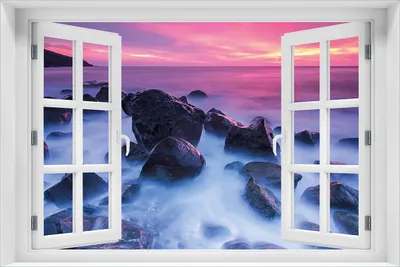 Produktbild von Wallario selbstklebendes Poster mit Fenster-Illusion - Felsen im Meer bei Sonnenuntergang, Größe: 61 x 91,50 cm
