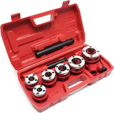 Produktbild von Wiltec Schneidkluppe 9-tlg. Set aus Stahl, Gewindeschneider mit 6 Schneidköpfen, Schneideisen mit Ratschenverlängerung, Rohrschneider mit Koffer