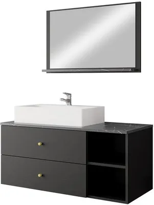 Produktbild von MIRJAN24 Badmöbel Kertos I, 3er-Set Badmöbel-Set, Spiegel, Waschbeckenschrank, Waschbecken, Aluminiumgriffe, Spihon (Farbe: Schwarz / Schwarz + Schwarzer Marmor)