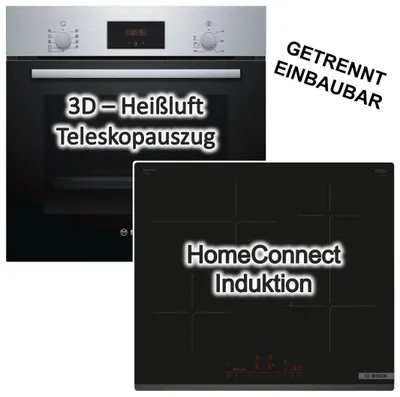 Produktbild von Herdset BOSCH Backofen 3D-Heißluft Teleskopauszug + Induktionskochfeld Booster autark 60cm
