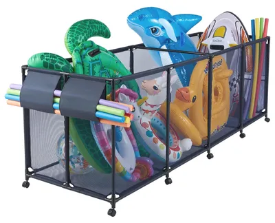 Produktbild von Pool Aufbewahrungswagen - Organizer für Poolspielzeug - Maße 262 x 81,5 x 89 cm - Stabiler Metallrahmen - Netzkorb - Seitentaschen