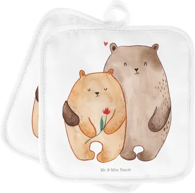 Produktbild von Mr. & Mrs. Panda Topflappen Bären Liebe - Weiß - Geschenk, Hochzeitstag, Kuscheln, 2er Set, Topfuntersetzer, Blume, Freundin, topfhalter, Topflappenset, Verknallt, Bär
