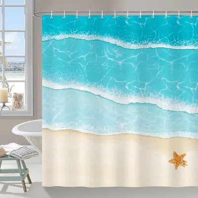 Productafbeelding van Unyqoos® Waterdichte polyester douchegordijn, 183 x 183 cm – blauw motief van zee en strand, schimmelwerend, met 12 metalen oogjes en inclusief plastic haken