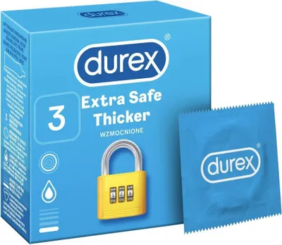 A box of Durex Extra Safe condoms and one individual condom wrapper.