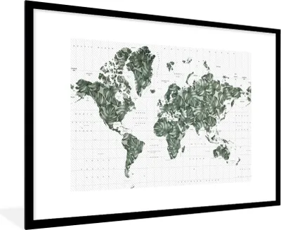 Produktbild von MuchoWow® MuchoWow® Gerahmtes Poster Weltkarte - Blätter - Tropisch 90x60 cm - Poster mit zchwarzem Bilderrahmen - Wanddekoration - Fotos