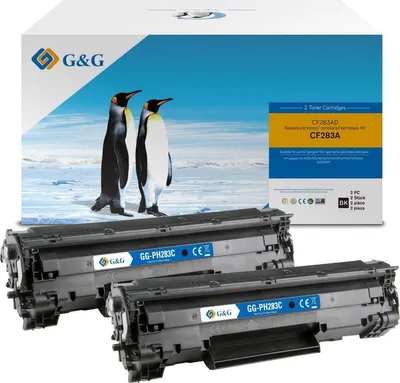 A box of G&G toner cartridges with two toner cartridges in the foreground.